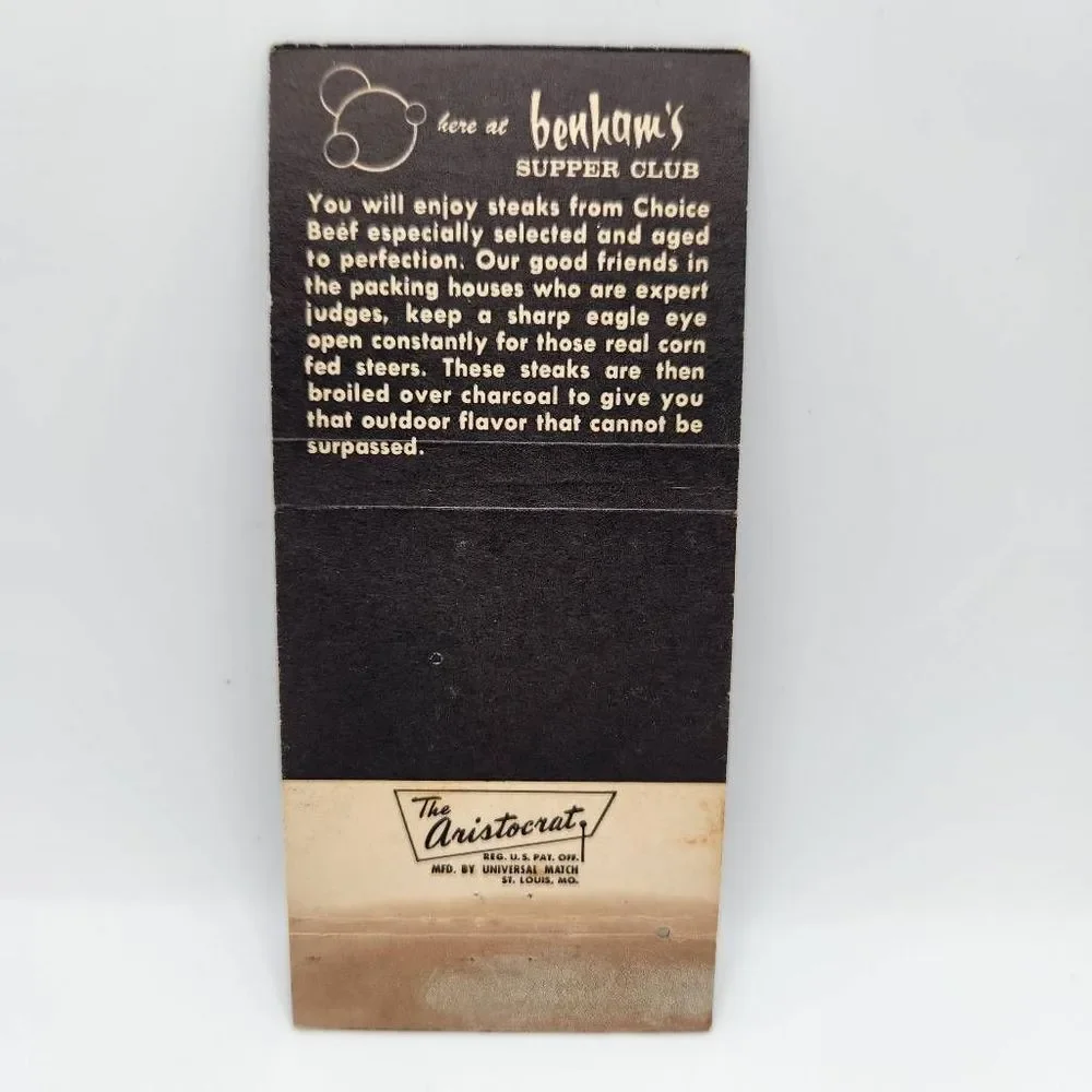 Vintage Matchbook Benham's Supper Club Casper Wyoming Restaurant Memorabilia - Picture 2 of 2